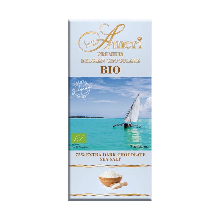 Горький темный органический шоколад AMERI BIO с морской солью 72% какао, 100 г