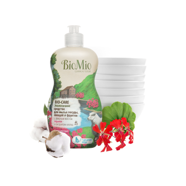 BioMio BIO-CARE средство для мытья посуды, овощей и фруктов с эфирным маслом герани 450 мл