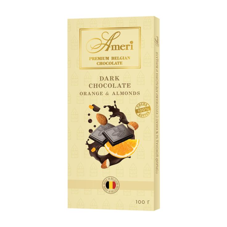 Горький темный шоколад AMERI с кусочками апельсина и миндаля 56% какао, 100 г