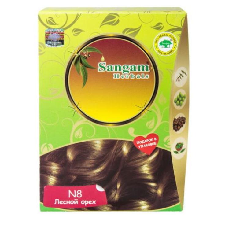 Натуральная краска для волос хна с травами золотисто-коричневая N8 лесной орех Sangam Herbals 100 г