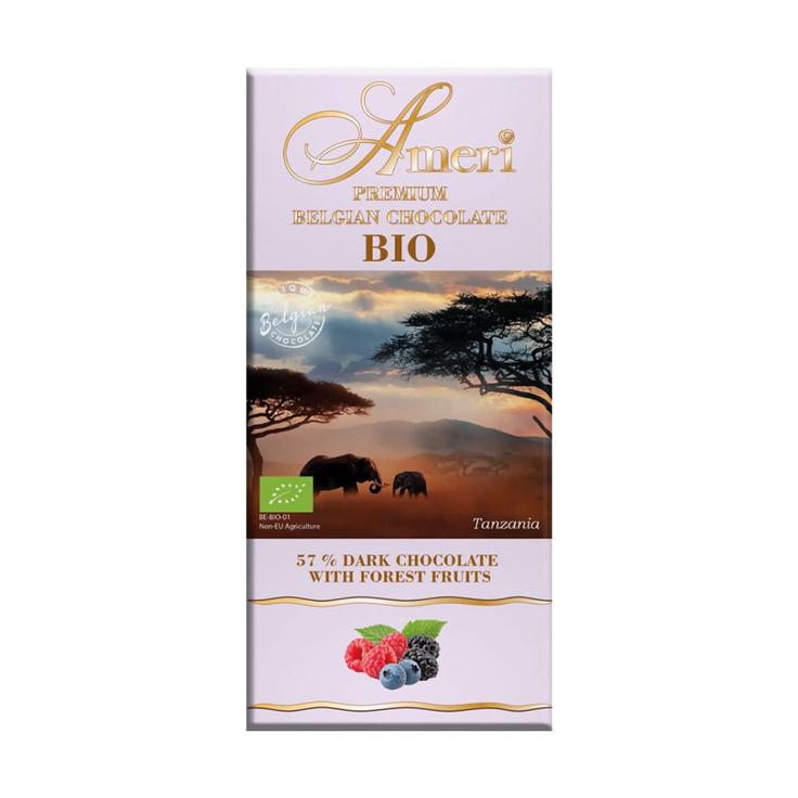 Горький темный органический шоколад AMERI BIO с лесными ягодами 57% какао, 100 г