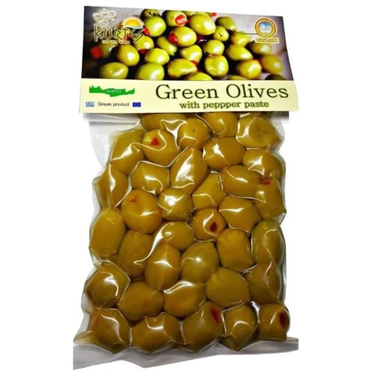 Оливки зеленые сорт Халкидики с красным сладким перцем KURTES 500 г
