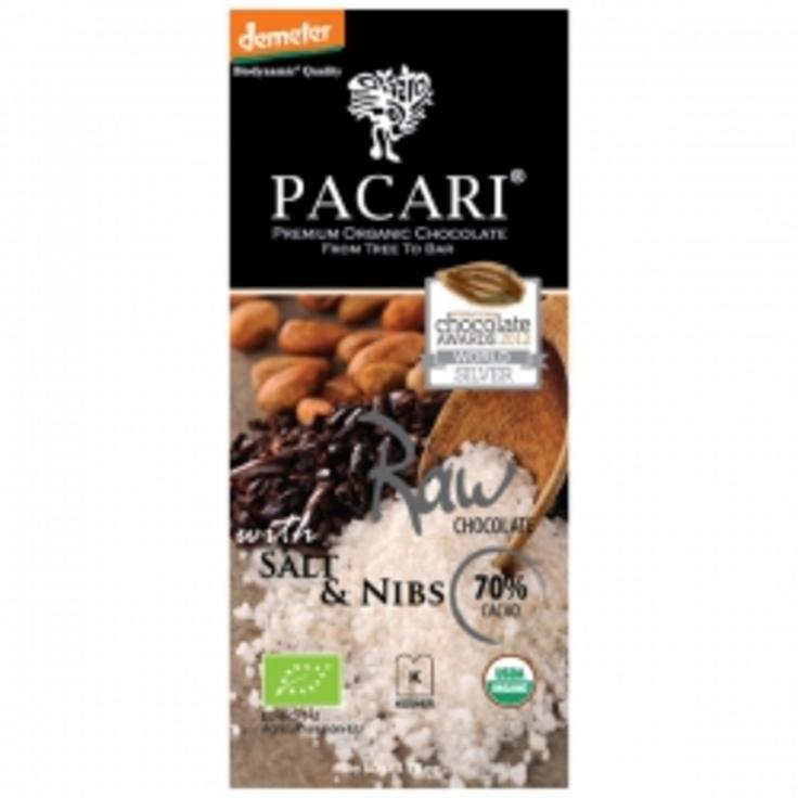 Живой сыроедный темный шоколад Pacari с солью и какао-крупкой 70% какао, 50 г