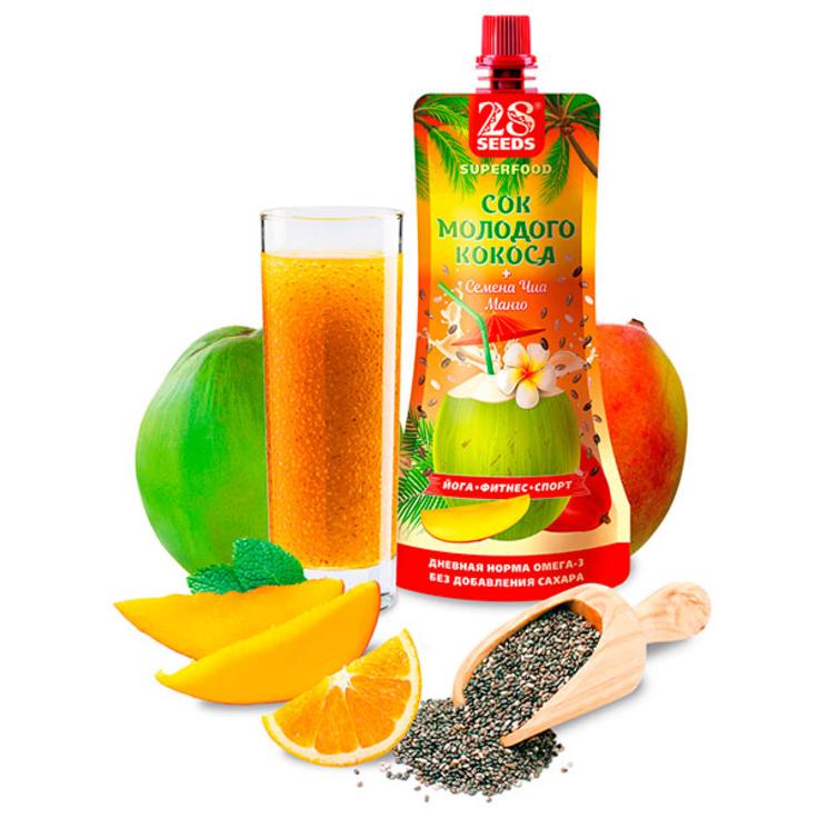 Напиток СУПЕРФУД Сок молодого кокоса с манго и семенами чиа 28 SEEDS 250 мл