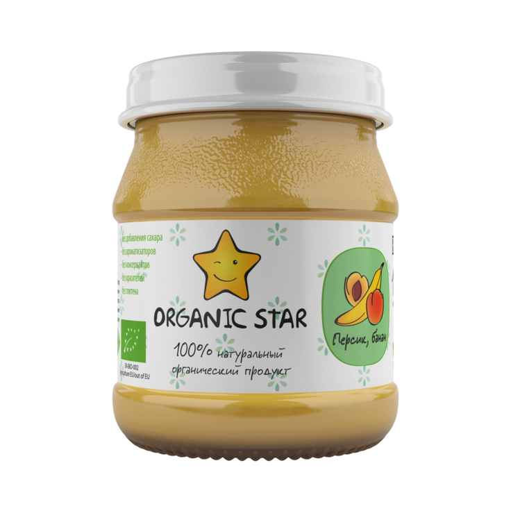 Детское пюре органическое "Персик-Банан" с 6 месяцев Organic Star 100 г