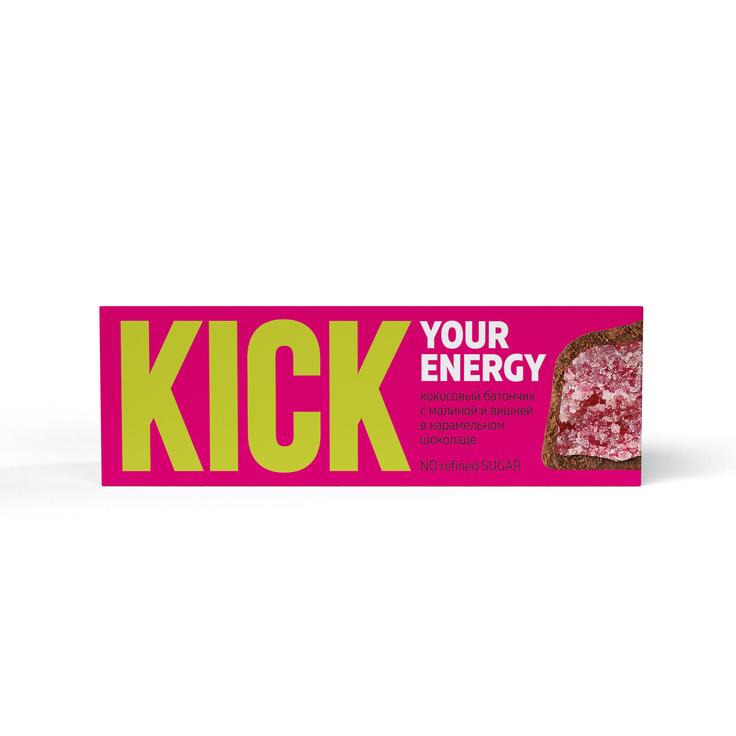 Батончик кокосовый с вишней и малиной в карамельном шоколаде - KICK your energy 45 г