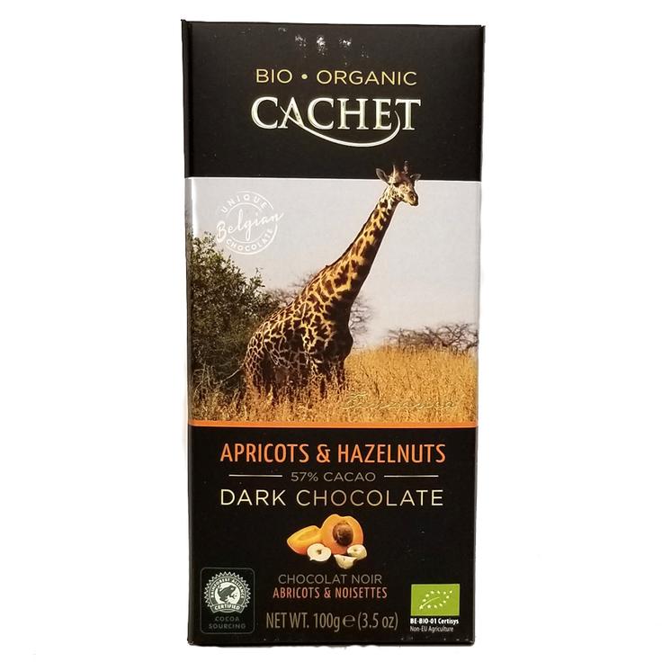 Горький темный органический шоколад CACHET с фундуком и абрикосом 57% какао, 100 г