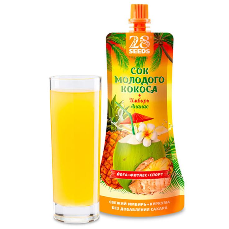 Напиток СУПЕРФУД Сок молодого кокоса с ананасом и имбирем 28 SEEDS 250 мл