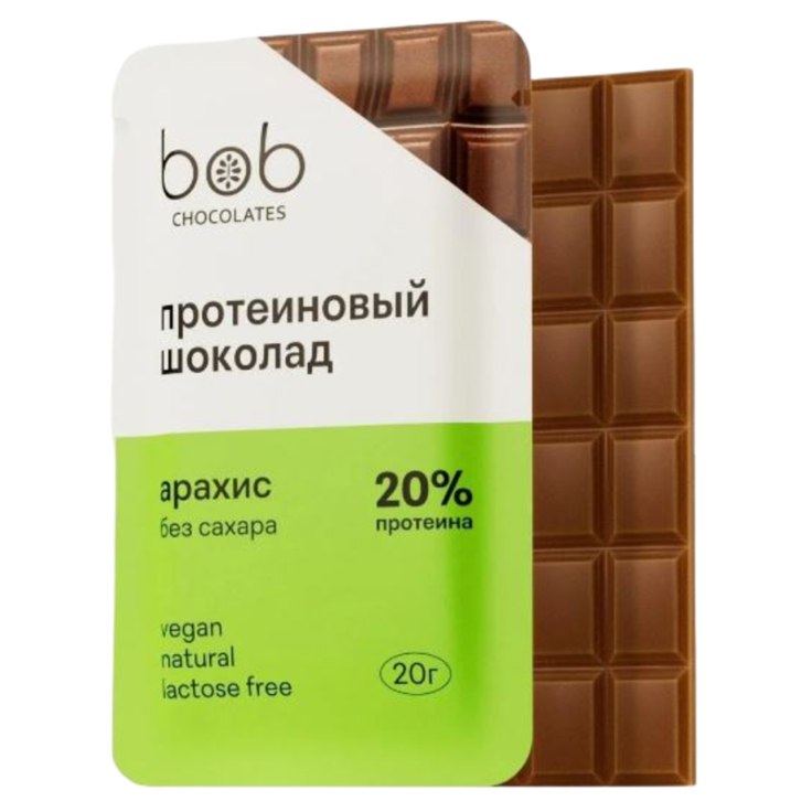 Веганский протеиновый 20% шоколад без сахара "Арахис" bob, 20 г
