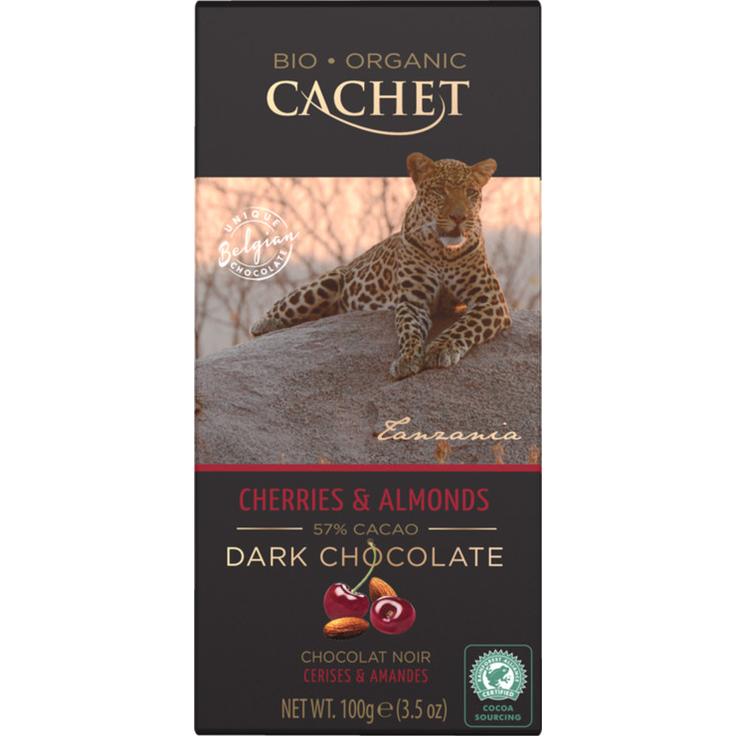 Горький темный органический шоколад CACHET с миндалем и вишней 57% какао, 100 г