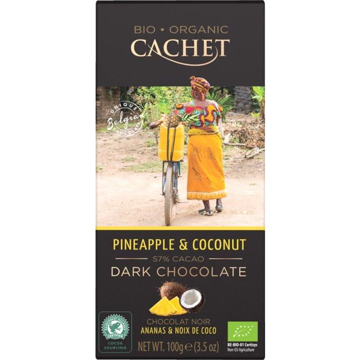 Горький темный органический шоколад CACHET с кокосом и ананасом 57% какао, 100 г