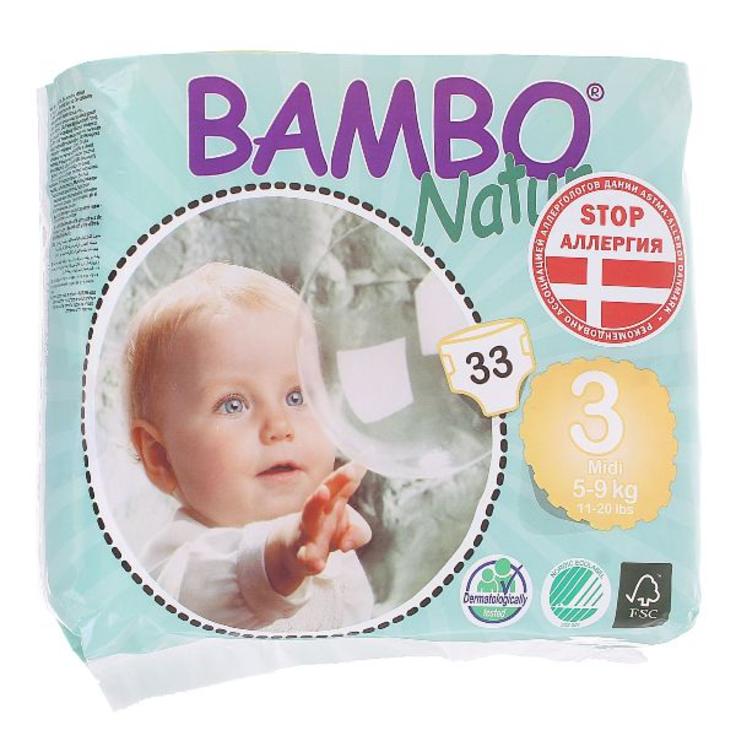 Подгузники детские органические 3 Midi 5-9 кг BAMBO Nature, 33 штуки