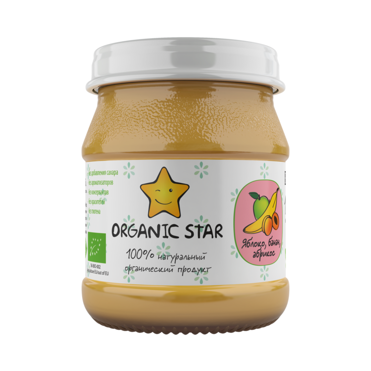 Детское пюре органическое "Яблоко-Банан-Абрикос" с 6 месяцев Organic Star 100 г