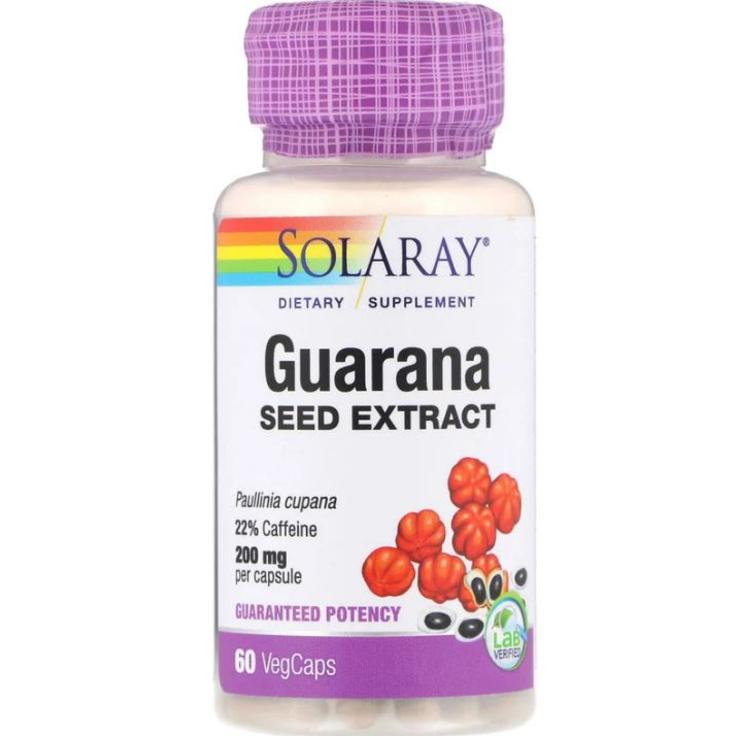 Гуарана - экстракт из семян Solaray, 60 веганских капсул по 200 мг